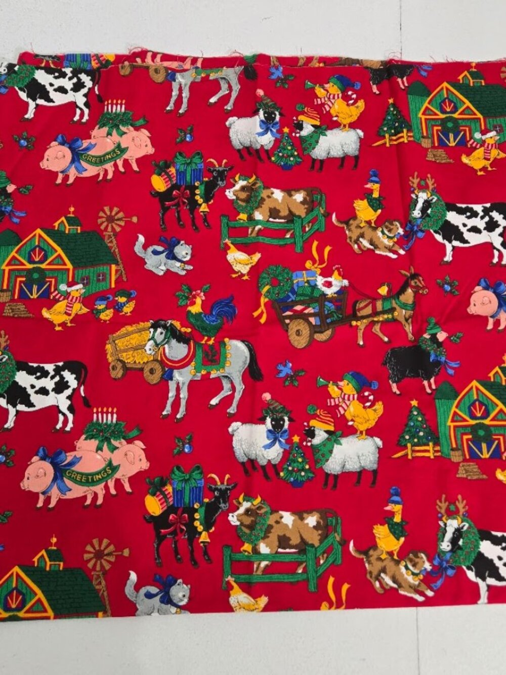 Cranston Print Works Christmas Farm Animals Fabric Red 42" x 44" Cow Pig Sheep